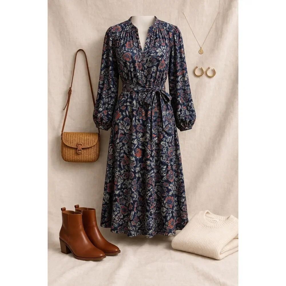 Velvet by Graham & Spencer Floral Midi Dress Blue Boho Cottagecore Romantic Sml